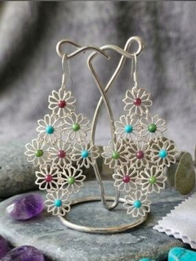 Multi-Color Boho Silver Tone Floral Chandelier Earrings - Vintage